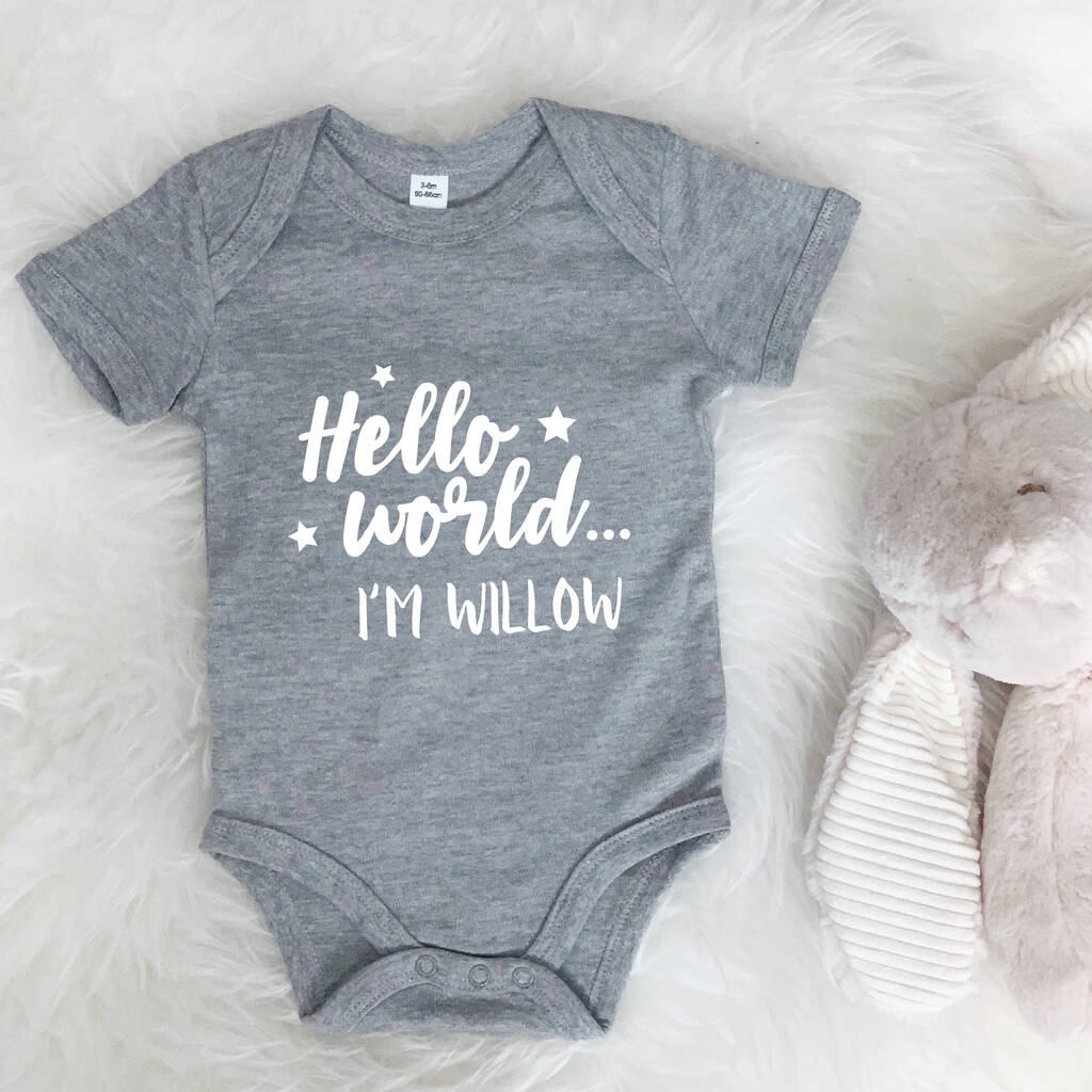 Hello World.. Personalised New Baby Babygrow