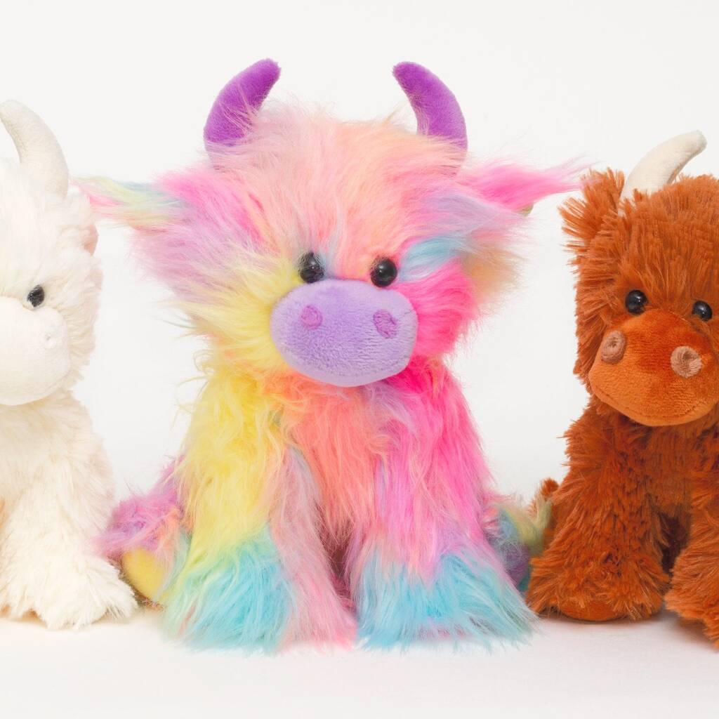 Highland Cow Toy Trio, Brown, Cream And Rainbow Set, Brown