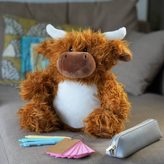 Highland Cow Zippy Soft Toy With Personalised Bag