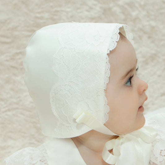 Holly Duchess Satin And Lace Christening Bonnet, Ivory