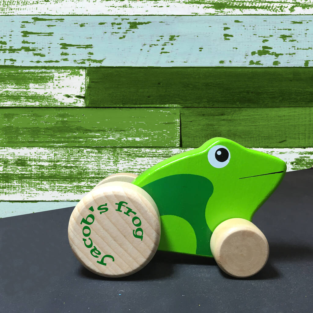 Hopping Wooden Personalised Frog In A Gift Bag, Green