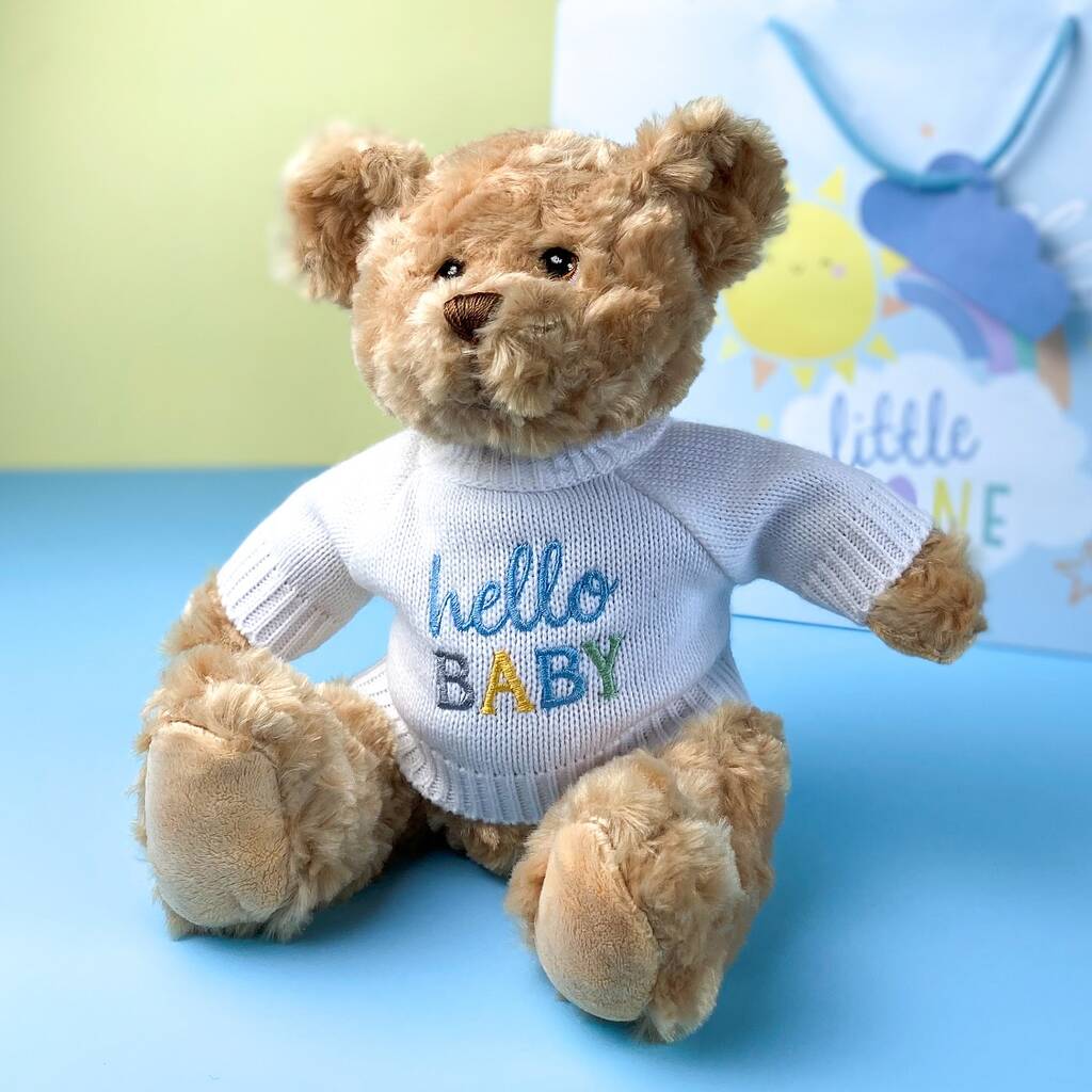 Keeleco Recycled Dougie Gift Bear 'Hello Baby' Blue, Beige