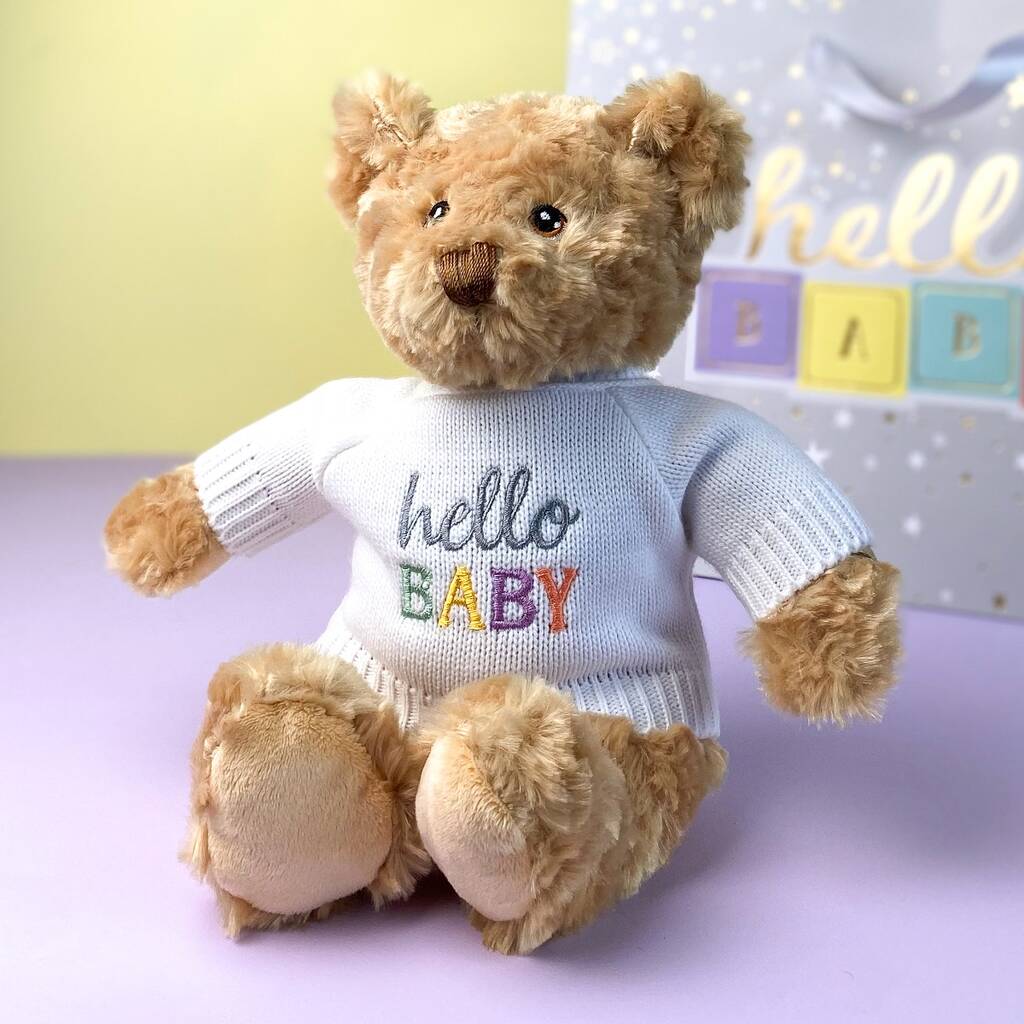 Keeleco Recycled Dougie Gift Bear 'Hello Baby' Grey, Beige