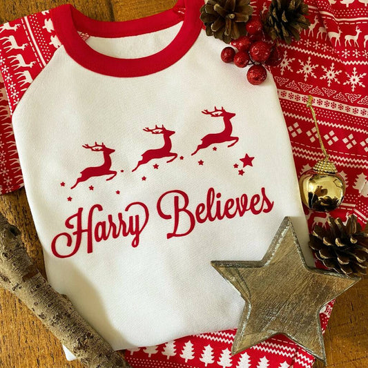 Kid Personalised 'Believe' Christmas Pyjamas, Red