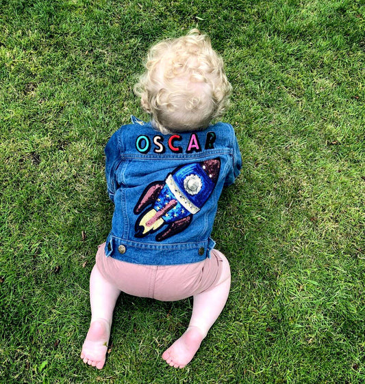 Kids Personalised Denim Jacket Special Astronaut