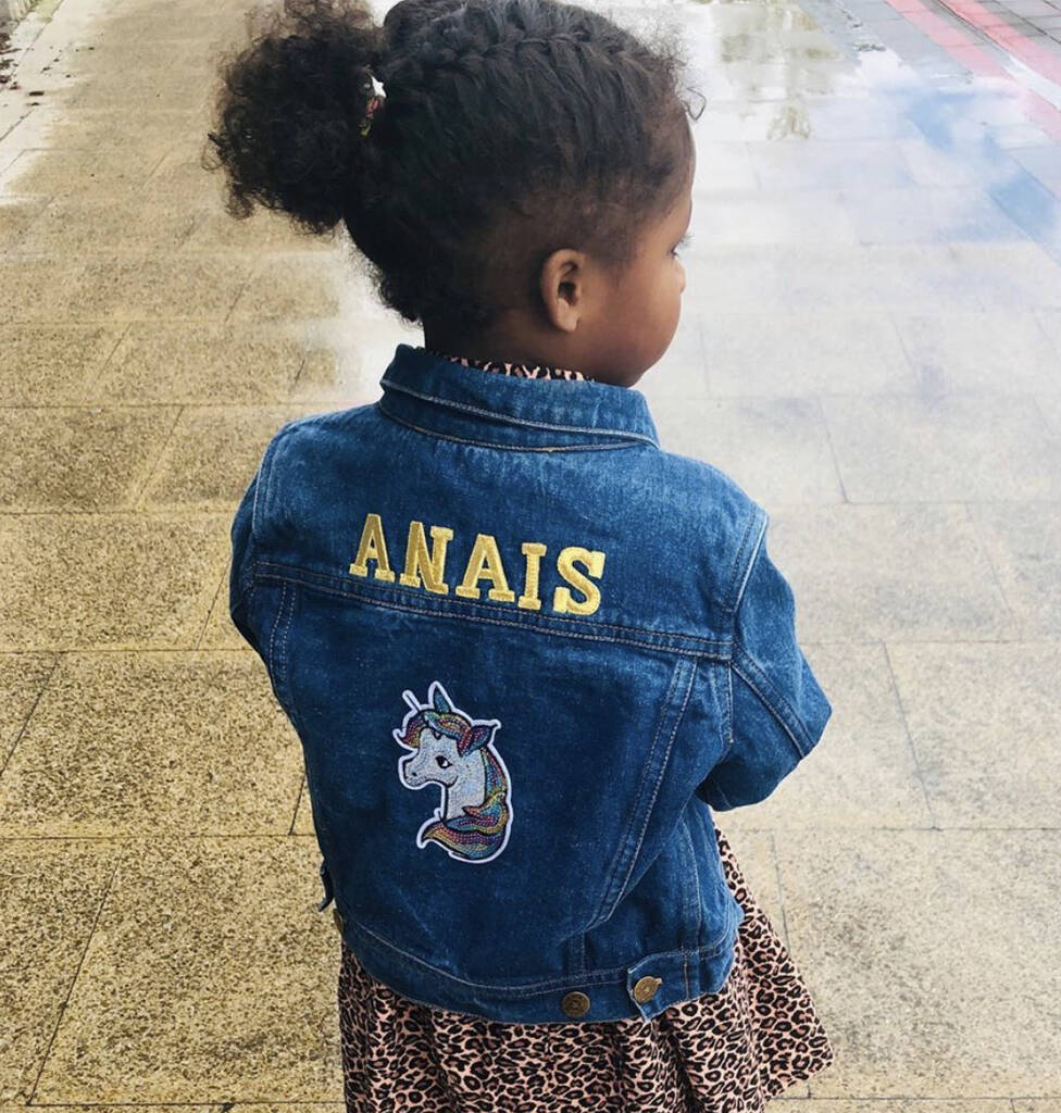 Kids Personalised Denim Jacket Special Sparkly Unicorn, Blue