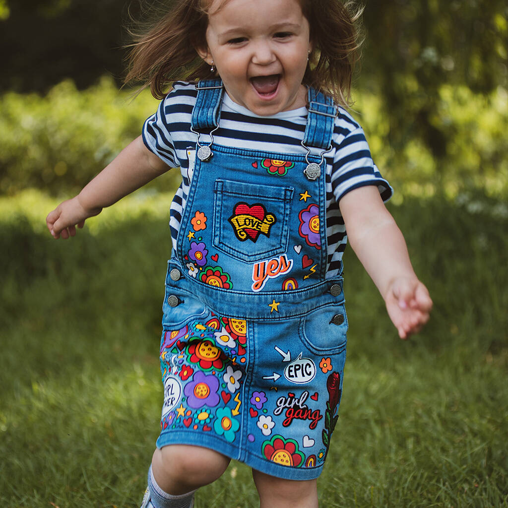 Kids Personalised Hand Painted Denim Dress, Multi-Coloured