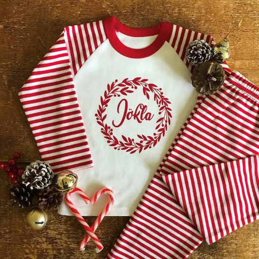 Kids Personalised 'Christmas Wreath' Pyjamas, Red