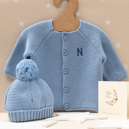 Luxury Blue Grey Bobble Hat And Cardigan Baby Gift Set, Blue