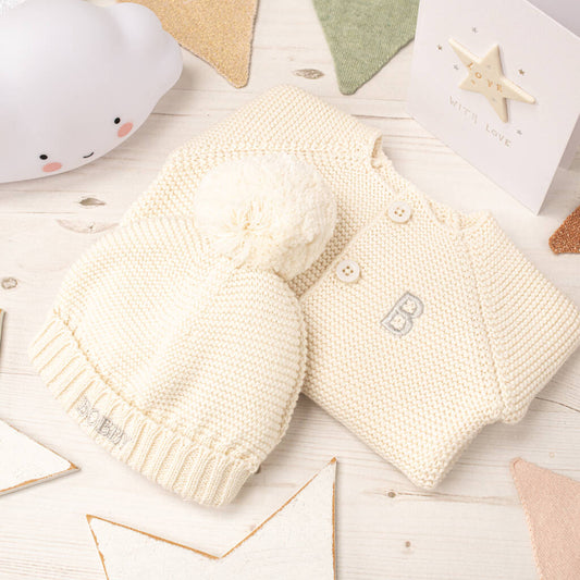 Luxury Cream Bobble Hat And Cardigan Baby Gift Set, Cream