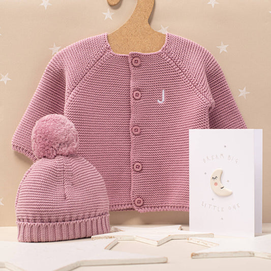 Luxury Dawn Pink Bobble Hat And Cardigan Baby Gift Set, Pink