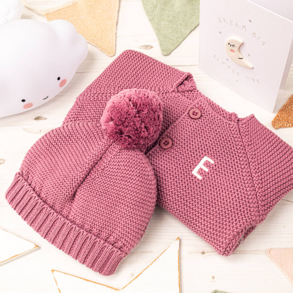 Luxury Dusky Rose Bobble Hat And Cardigan Baby Gift Set, Pink