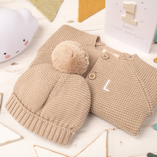 Luxury Fudge Bobble Hat And Cardigan Baby Gift Set, Brown