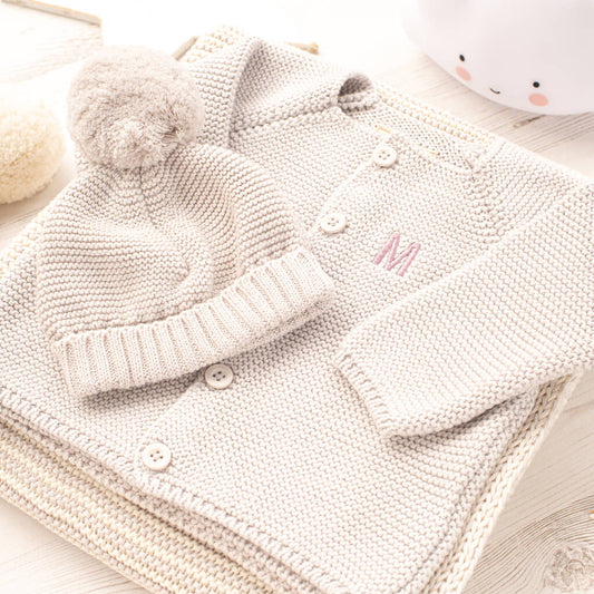 Luxury Grey Bobble Hat And Cardigan Baby Gift Set, Grey