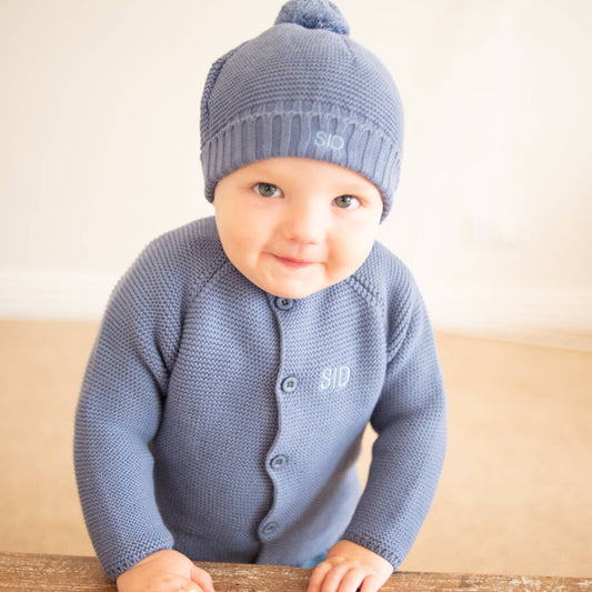 Luxury Storm Blue Bobble Hat And Cardigan Baby Gift Set, Blue