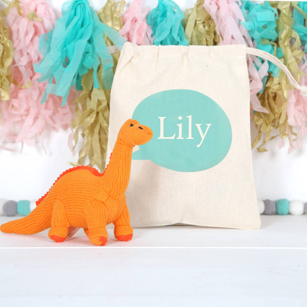 Orange Diplodocus Dinosaur Rattle And Personalised Bag, Orange