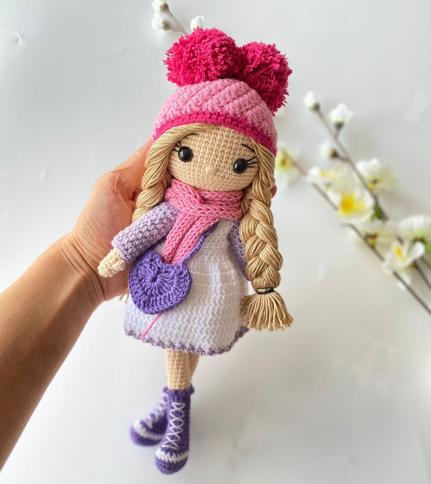 Organic Hand Knitted Doll With Cute Dress For Girls, Pink/Purple/White