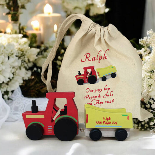 Page Boy Gift Personalised Coloured Tractor And Gift Bag, Red/Yellow