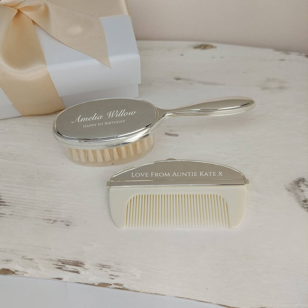 Personalised Baby Brush And Comb Set In Luxury Gift Box, Silver