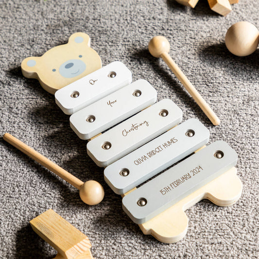 Personalised Bear Xylophone For Christening Baptism, Grey/Natural