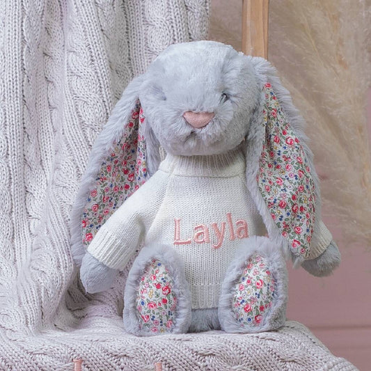 Personalised Blossom Silver Jellycat Bunny Soft Toy, Grey