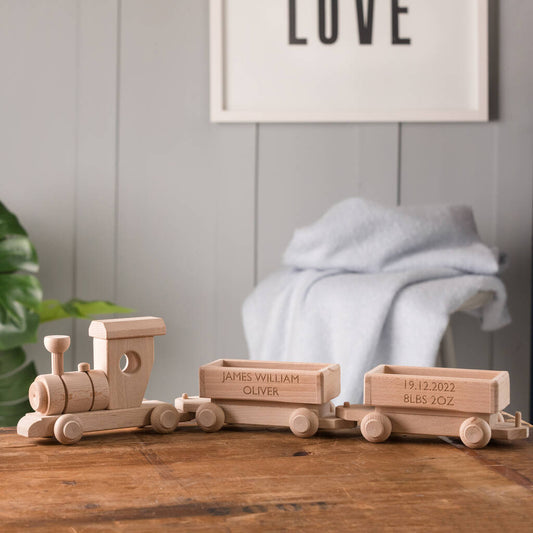 Personalised Christening Large Wooden Train Set, Beige/Black/Brown