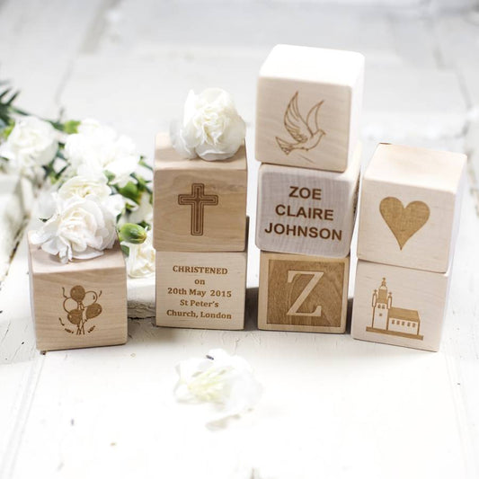 Personalised Christening, New Baby Wooden Blocks, Brown/Natural