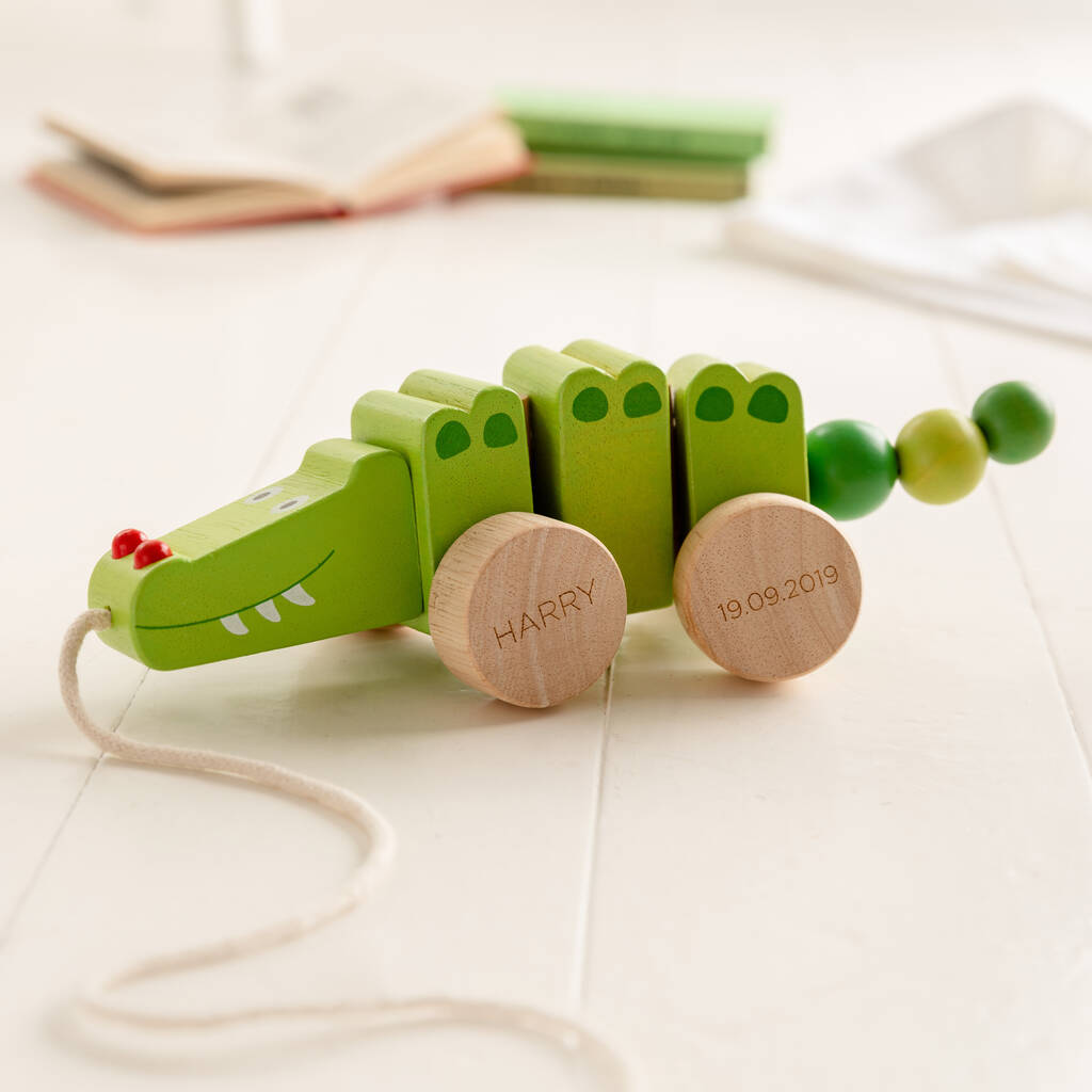 Personalised Christening Pull Along Wooden Crocodile, Green