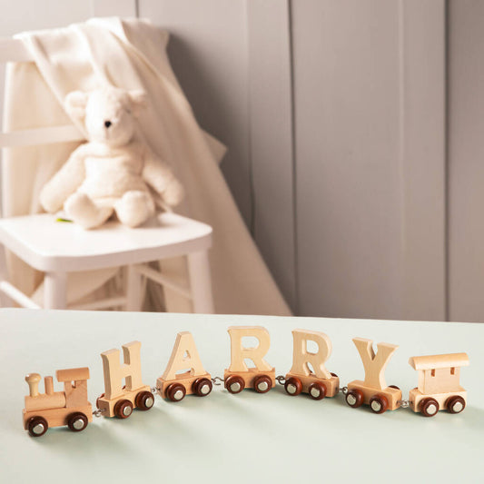 Personalised Christening Wooden Name Train, Brown