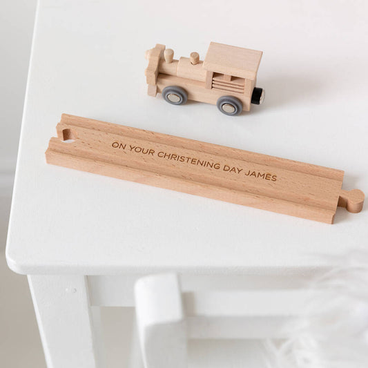 Personalised Christening Wooden Train Track And Engine, Beige/Black/Brown/Cream/Grey/Silver