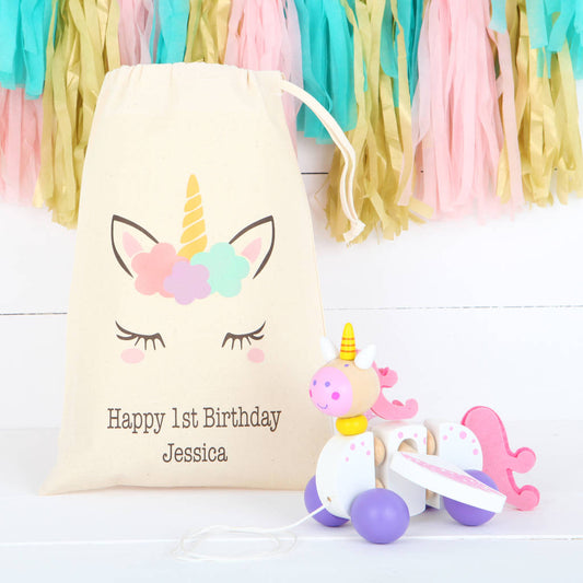 Personalised Cotton Bag And Unicorn Pull Along Toy, Pink