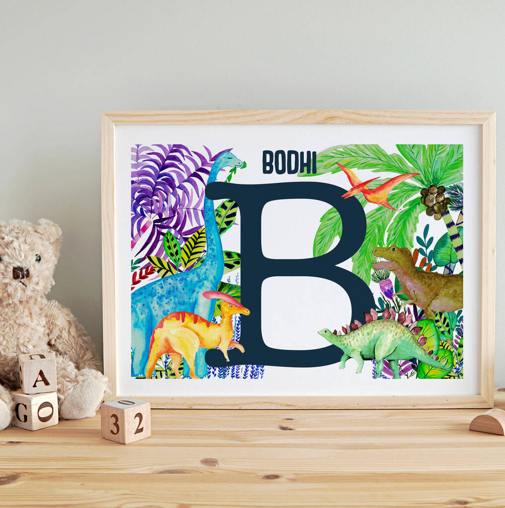 Personalised Dinosaur Jungle Poster, Cream/Multi-Coloured