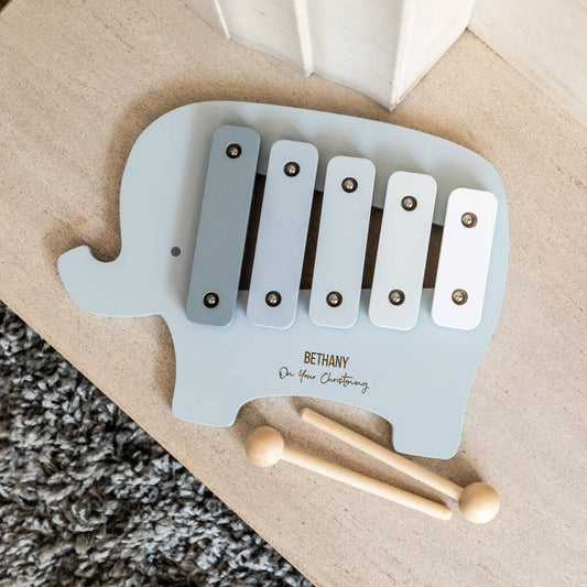 Personalised Elephant Xylophone For Christening Baptism, Grey