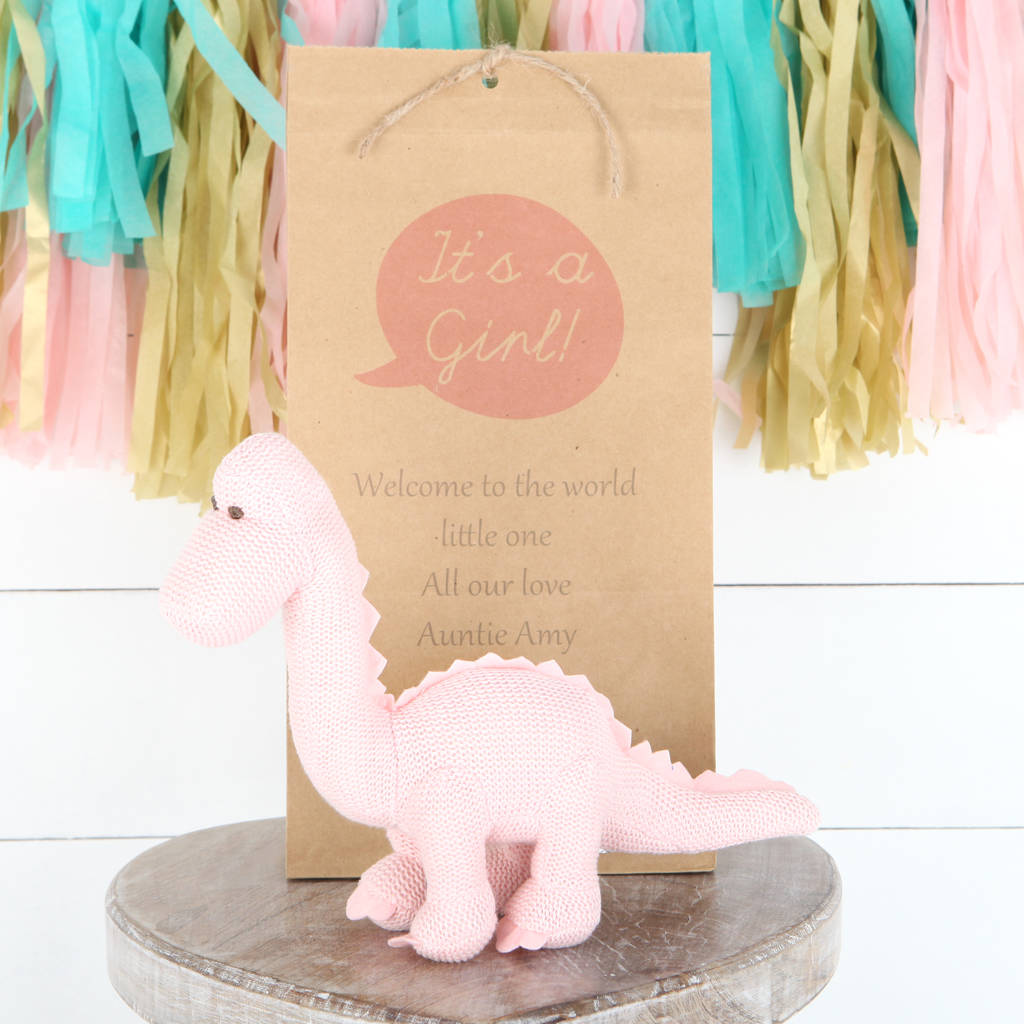 Personalised Gift Bag + Pink Diplodocus Rattle Dinosaur, Pink