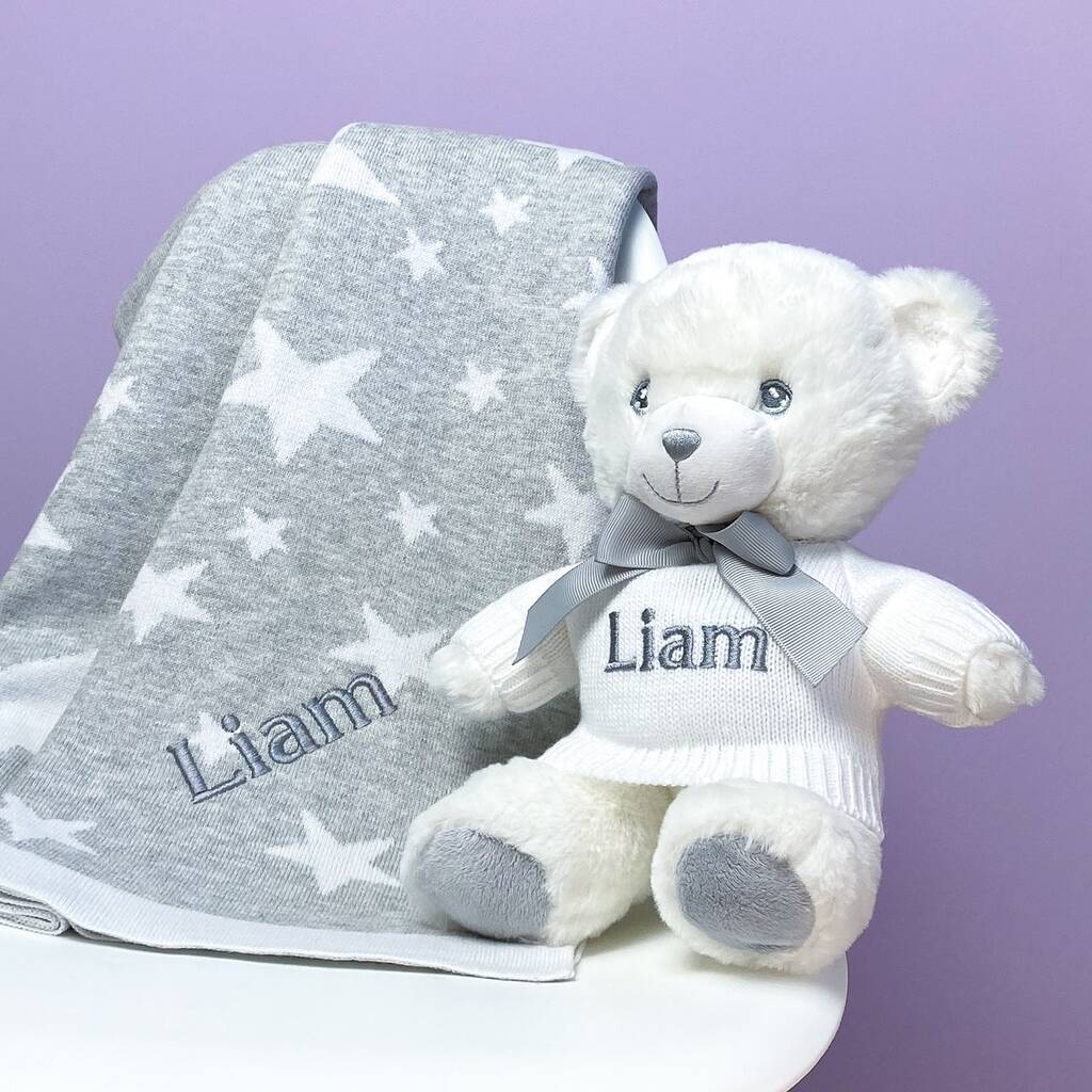 Personalised Grey Stars Blanket And Keel White Bear, Grey