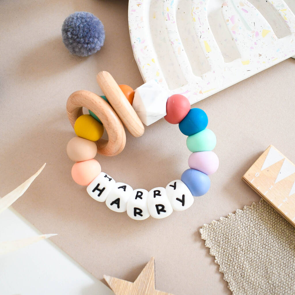 Personalised Whimsical Rainbow Teething Rattle