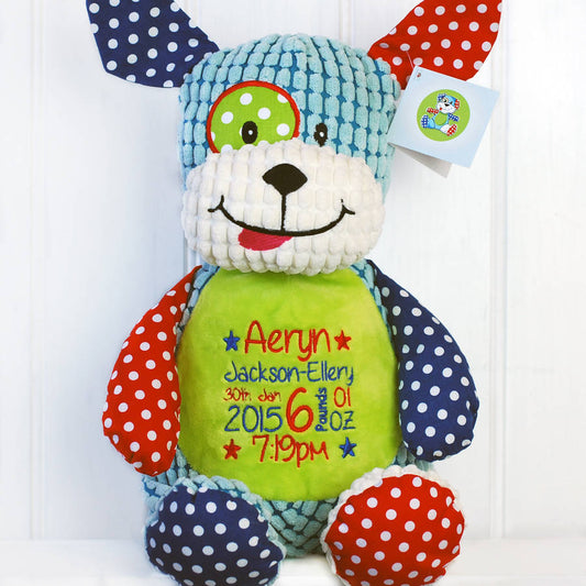 Personalised New Baby Harlequin Soft Toy, Blue/Green/Red