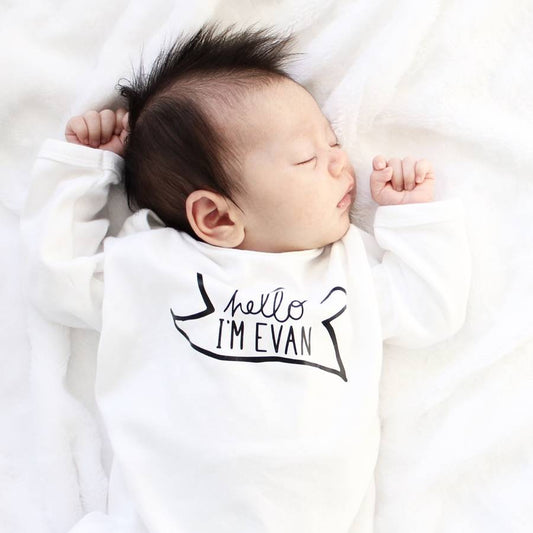 Personalised New Baby 'Hello I'm' Babygrow, White