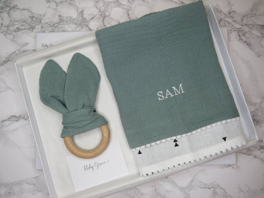 Personalised Pom Pom Comforter And Teether Gift Set