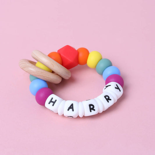 Personalised Pride Teething Rattle, Multi-Coloured