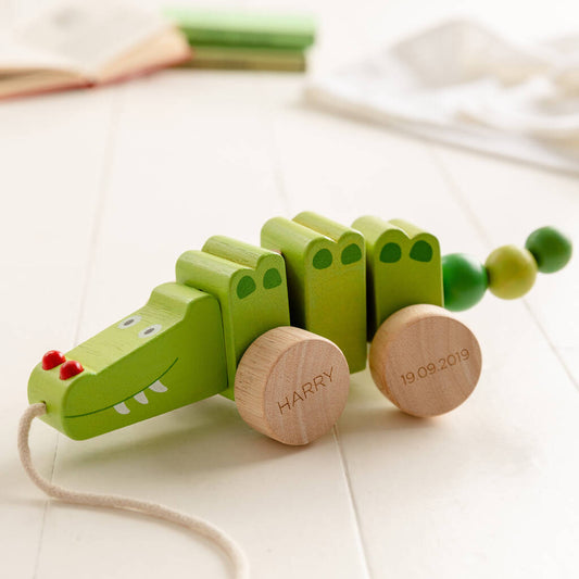 Personalised Pull Along Wooden Crocodile, Green