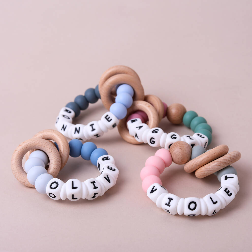 Personalised Silicone And Wood Baby Teething Toy