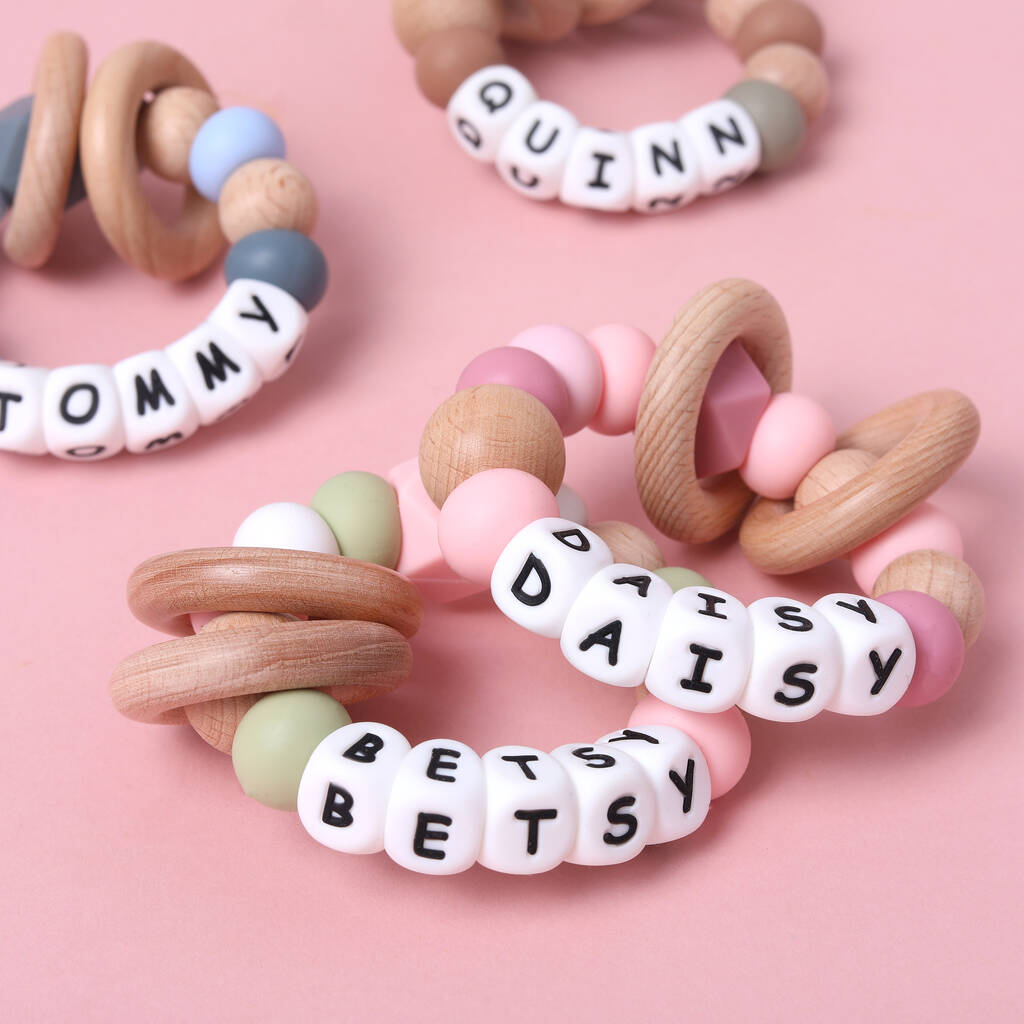 Personalised Silicone And Wood Teething Rattle