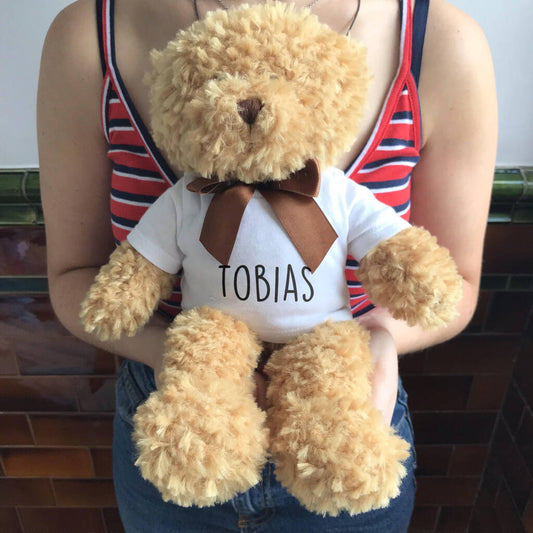 Personalised Traditional Teddy Bear, Blue/Brown/Pink