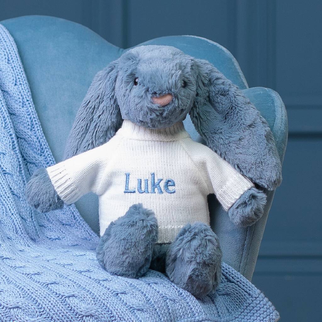 Personalised Dusky Blue Bashful Bunny Soft Toy, Blue