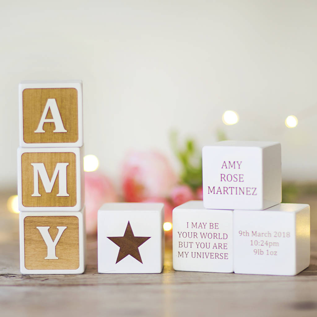 Personalised White Wooden Keepsake Blocks, Brown/Natural/White