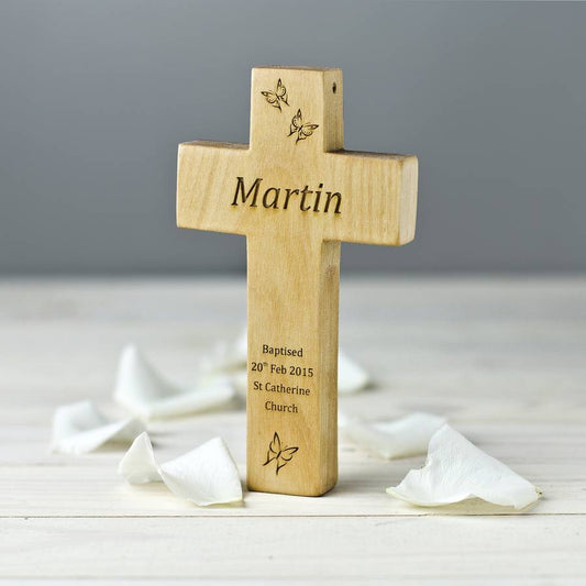 Personalised Wooden Cross Christening Keepsake Gift, Brown/Natural