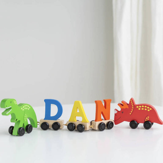 Personalised Wooden Dinosaur Name Train, Multi-Coloured