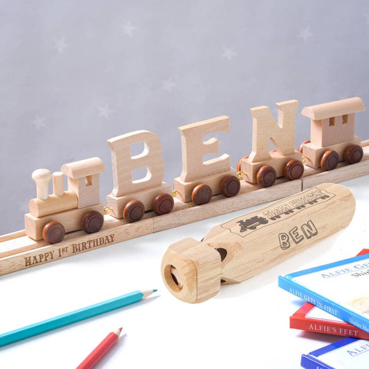 Personalised Wooden Name Train And Display Track, Natural