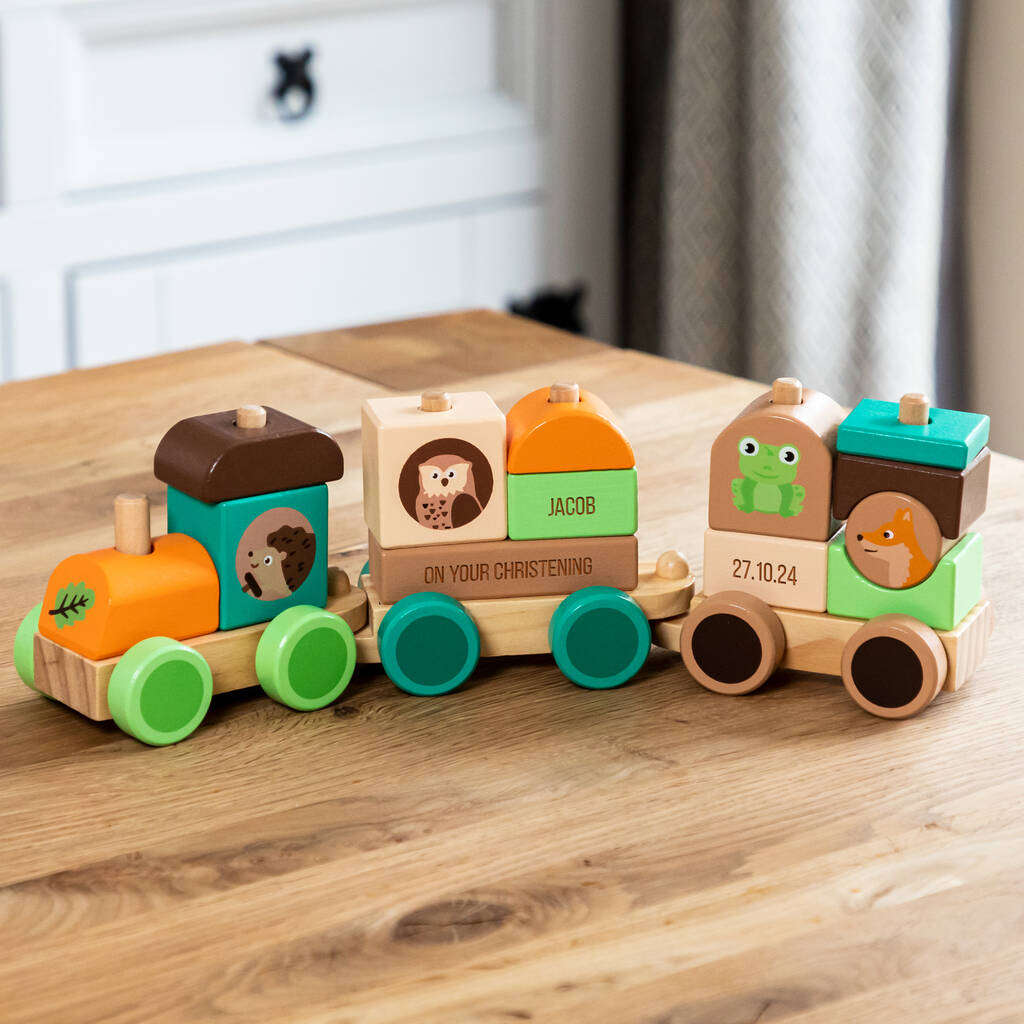 Personalised Woodland Animal Train Set Gift For Christening Baptism, Multi-Coloured